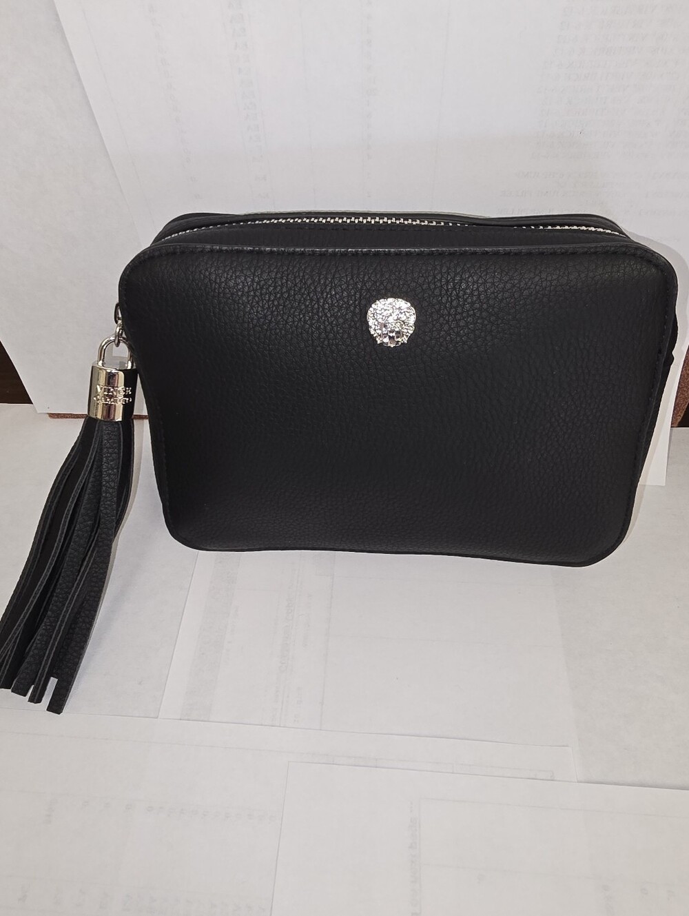 Vince Camuto Black Leather Crest Tassel Belt Bag Fanny Pack